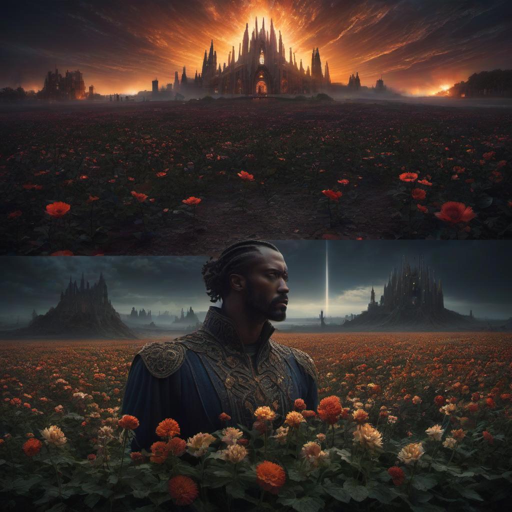  (stylized by Tomasz Alen Kopera:1.3) , dark art, dense flower field and Perseid meteor in background, landscape of a (Barcelona:1.2) , very Bizarre and 1600'S, Hurricane, Glitchcore, Amaro, layered textures, ornate, intricate artistic color, complimentary colors, very inspirational, atmosphere, fine artistic composition, sunny, theatrical hyperrealistic, full body, detailed clothing, highly detailed, cinematic lighting, stunningly beautiful, intricate, sharp focus, f/1. 8, 85mm, (centered image composition), (professionally color graded), ((bright soft diffused light)), volumetric fog, trending on instagram, trending on tumblr, HDR 4K, 8K