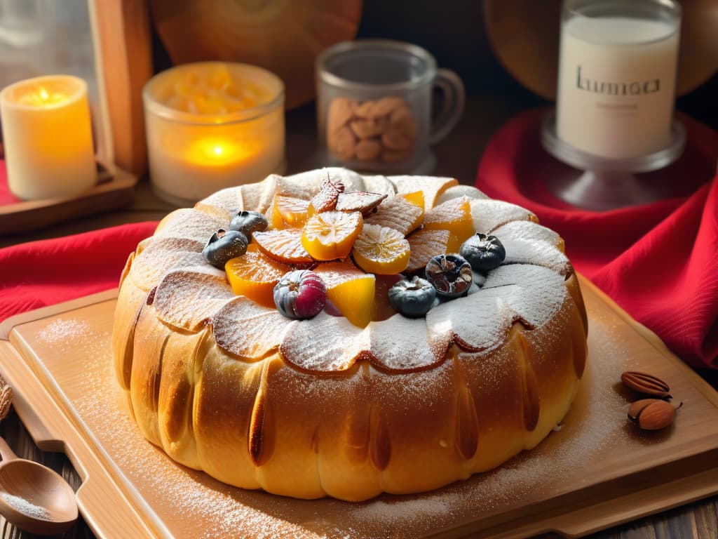  A photorealistic image of a freshly baked Roscón de Reyes, adorned with candied fruits, almonds, and a light dusting of powdered sugar. The golden crust glistens enticingly under a soft, warm light, showcasing the intricate details of the traditional Spanish pastry. The background features a cozy kitchen setting with a rustic wooden table, a vintage tea set, and a glimpse of snowy winter scenery outside the window, adding a touch of seasonal charm to the scene. hyperrealistic, full body, detailed clothing, highly detailed, cinematic lighting, stunningly beautiful, intricate, sharp focus, f/1. 8, 85mm, (centered image composition), (professionally color graded), ((bright soft diffused light)), volumetric fog, trending on instagram, trending on tumblr, HDR 4K, 8K