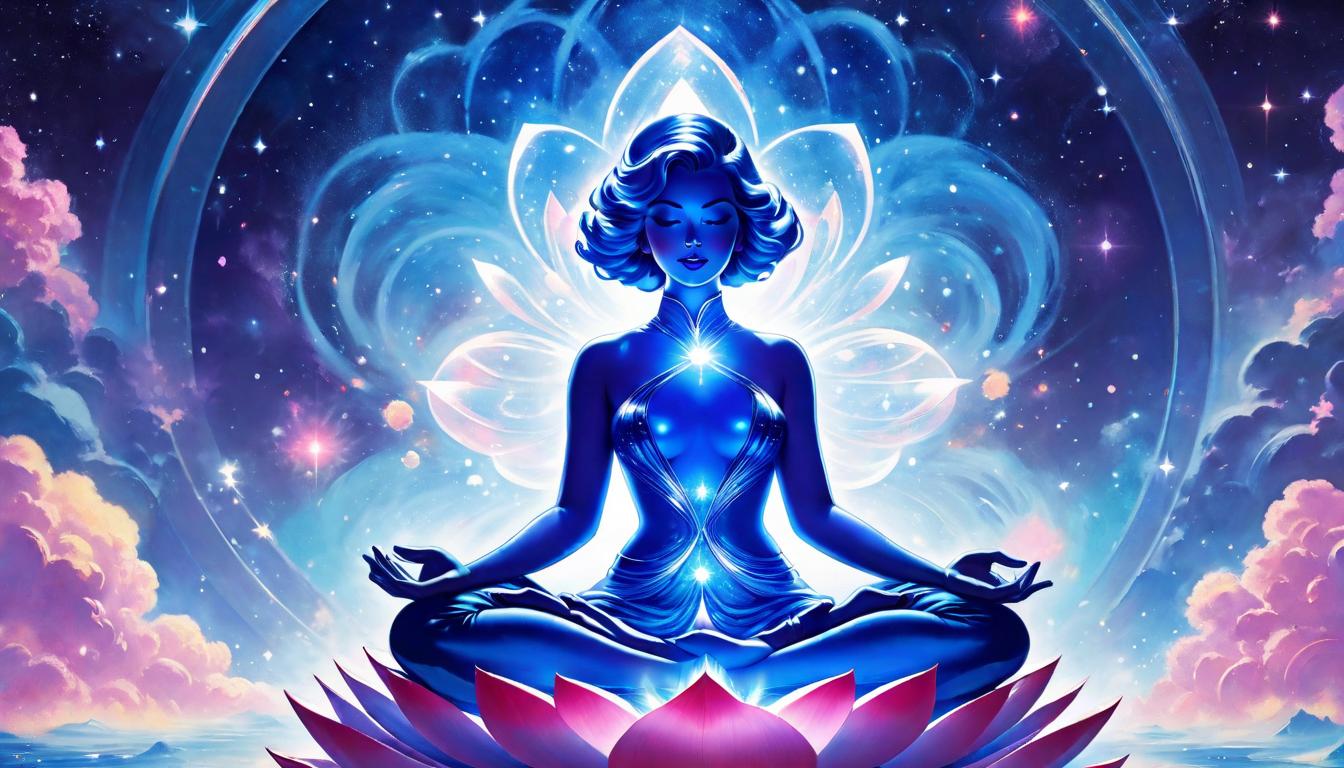  retro futuristic Sapphire blue nebulae enshrouding a seated figure in lotus position, light particles gently swirling around, serene ambiance, echoes of distant stars lvintage sci fi, 50s and 60s style, atomic age, vibrant, highly detailed