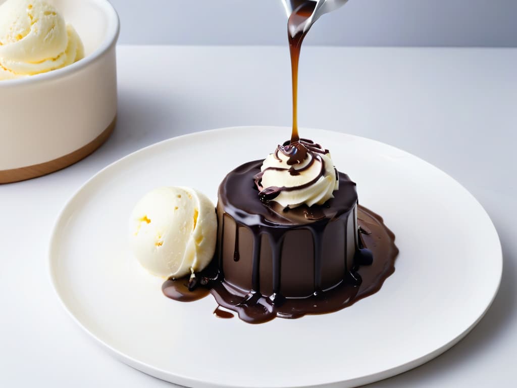  An elegant, minimalistic image of a rich, velvety chocolate sauce being drizzled smoothly over a scoop of vanilla ice cream, with the glossy sauce cascading down the sides in a perfect swirl. The contrast between the dark, decadent chocolate and the pure white of the ice cream creates a visually striking and appetizing composition, perfect for enticing readers to explore the world of chocolate sauces for desserts. hyperrealistic, full body, detailed clothing, highly detailed, cinematic lighting, stunningly beautiful, intricate, sharp focus, f/1. 8, 85mm, (centered image composition), (professionally color graded), ((bright soft diffused light)), volumetric fog, trending on instagram, trending on tumblr, HDR 4K, 8K