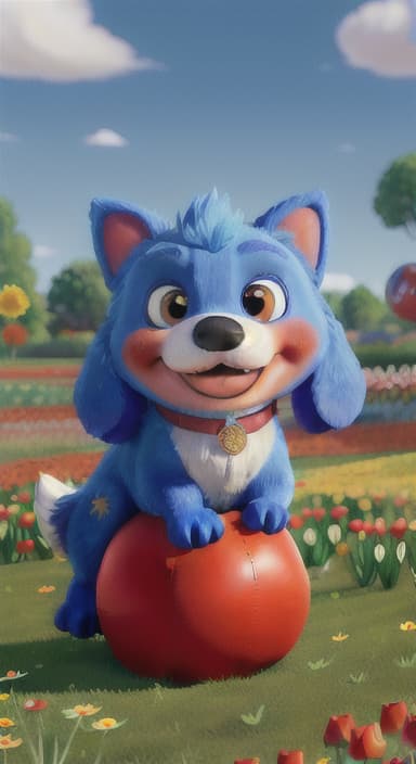  {The red ball nestled in a bed of colorful flowers like daisies and tulips, The big blue dog is large with sky blue fur, big round eyes, a black nose, and floppy ears.