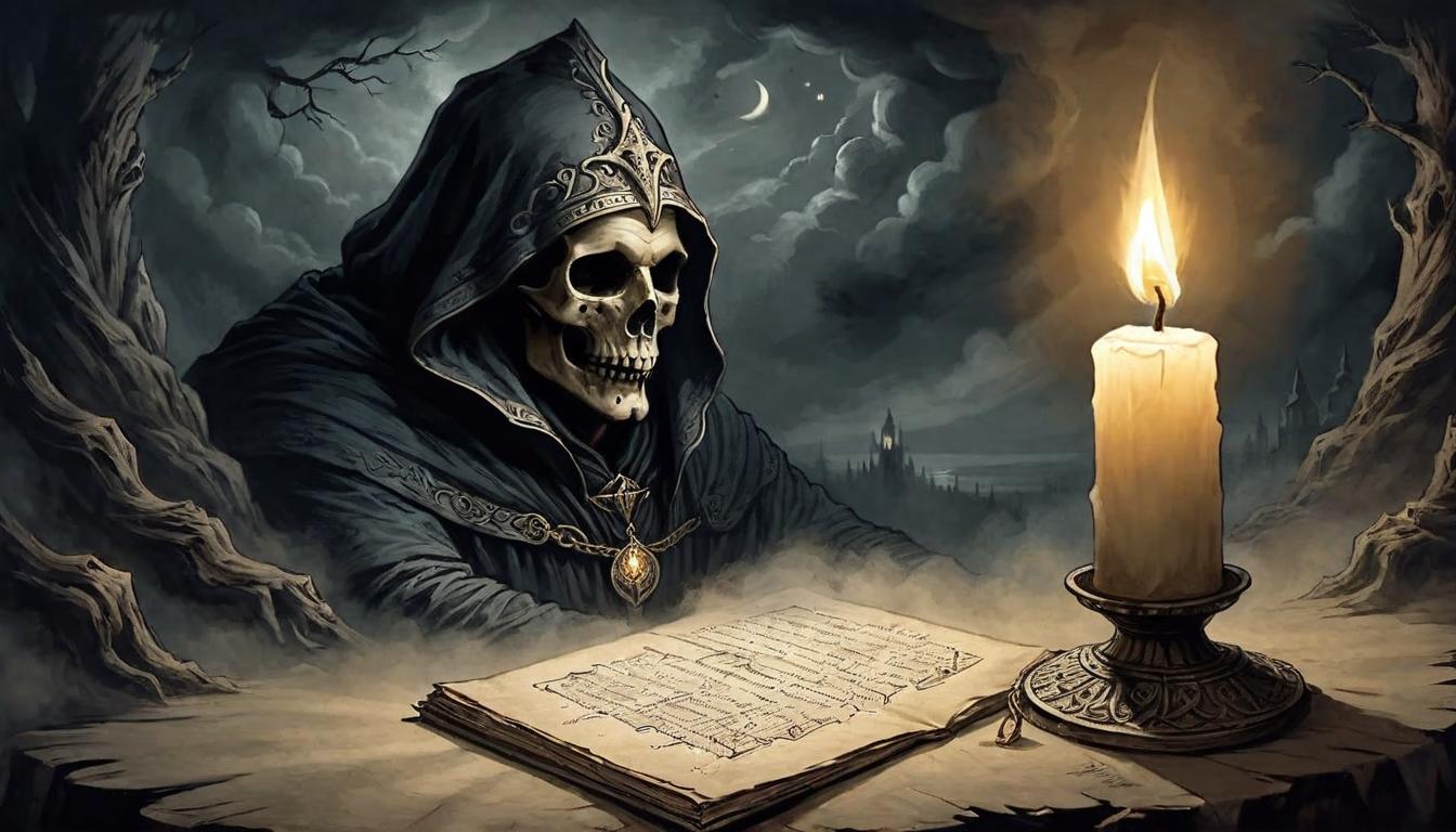  on parchment, surrealism+++, A single candle in the darkness, its flame a beacon guiding others through the night. Flame of guidance, darkness countered by light, steadfast candle, beacon in the shadow, path illuminated.(mysterious, provocative, symbolic,muted color)+++