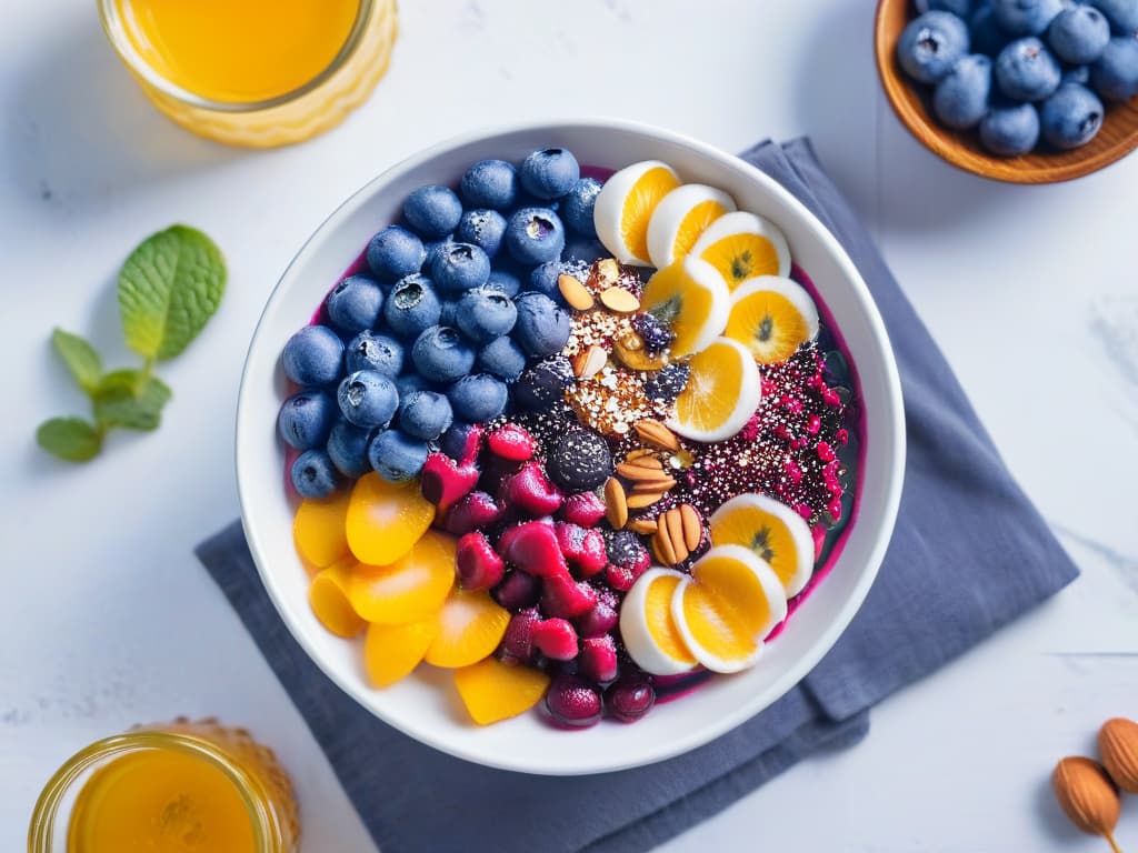  A closeup, ultradetailed image of a vibrant acai berry bowl topped with fresh blueberries, sliced almonds, and a drizzle of honey, set against a sleek white marble background. The bowl is garnished with mint leaves and chia seeds, showcasing the colorful and nutritious elements of superfoods in a visually appealing and minimalistic composition. hyperrealistic, full body, detailed clothing, highly detailed, cinematic lighting, stunningly beautiful, intricate, sharp focus, f/1. 8, 85mm, (centered image composition), (professionally color graded), ((bright soft diffused light)), volumetric fog, trending on instagram, trending on tumblr, HDR 4K, 8K