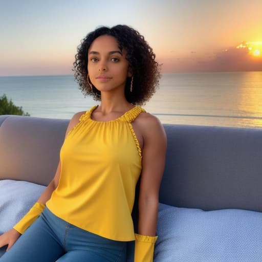  1girl,yellow top,big,with abs,black wavy hair,blue eyes,on a couch,red,sunset.