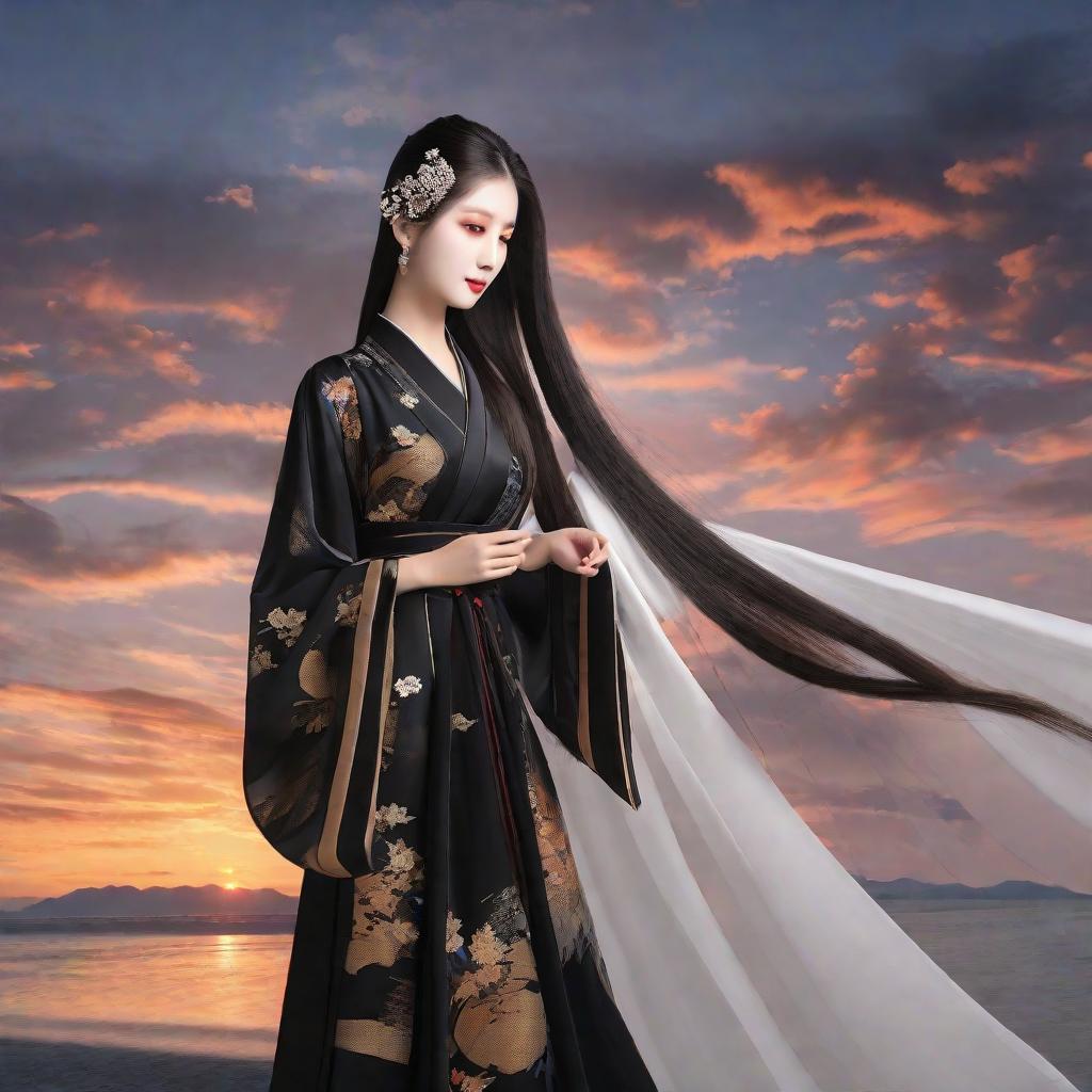  masterpiece, best quality,Help me generate a sunset screen, which contains beauty, beauty features are long legs, long hair, white face, black silk.