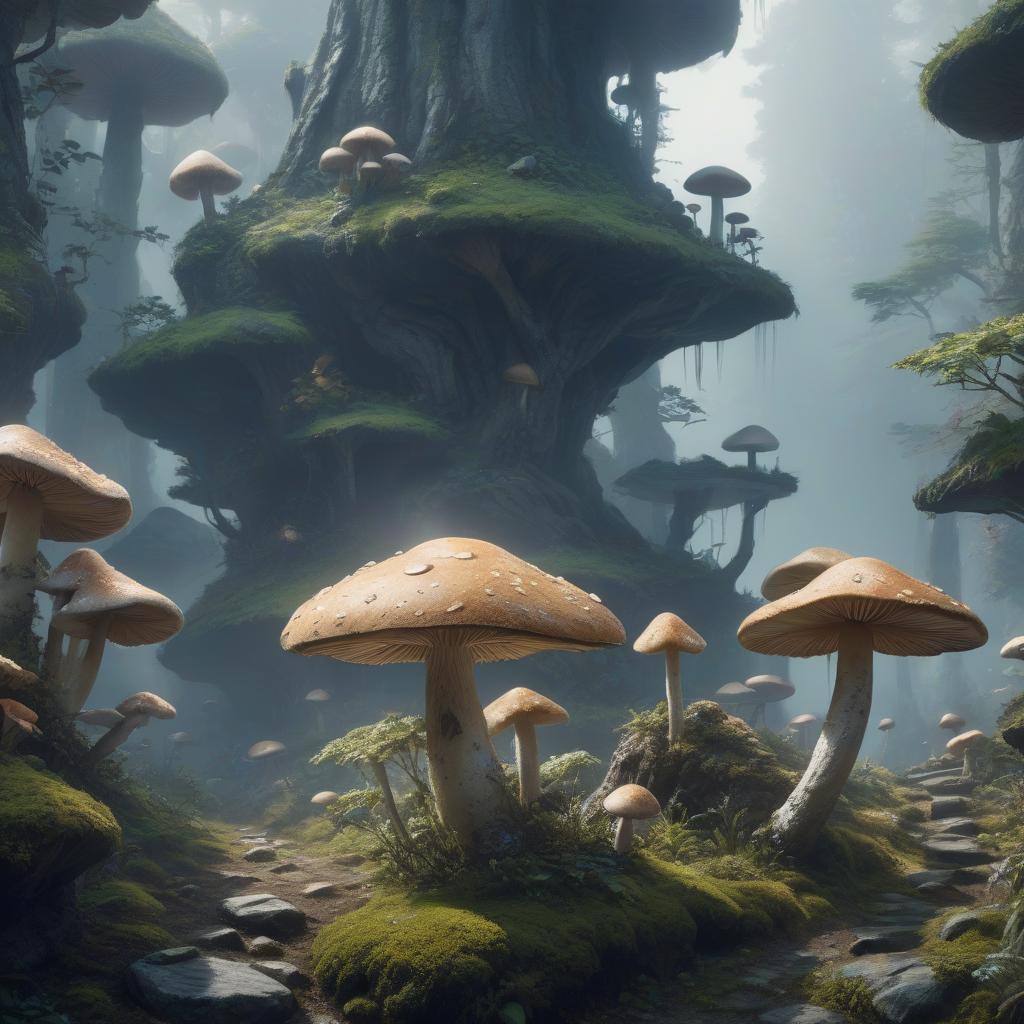  concept art Stone mushrooms . digital artwork, illustrative, painterly, matte painting, highly detailed hyperrealistic, full body, detailed clothing, highly detailed, cinematic lighting, stunningly beautiful, intricate, sharp focus, f/1. 8, 85mm, (centered image composition), (professionally color graded), ((bright soft diffused light)), volumetric fog, trending on instagram, trending on tumblr, HDR 4K, 8K