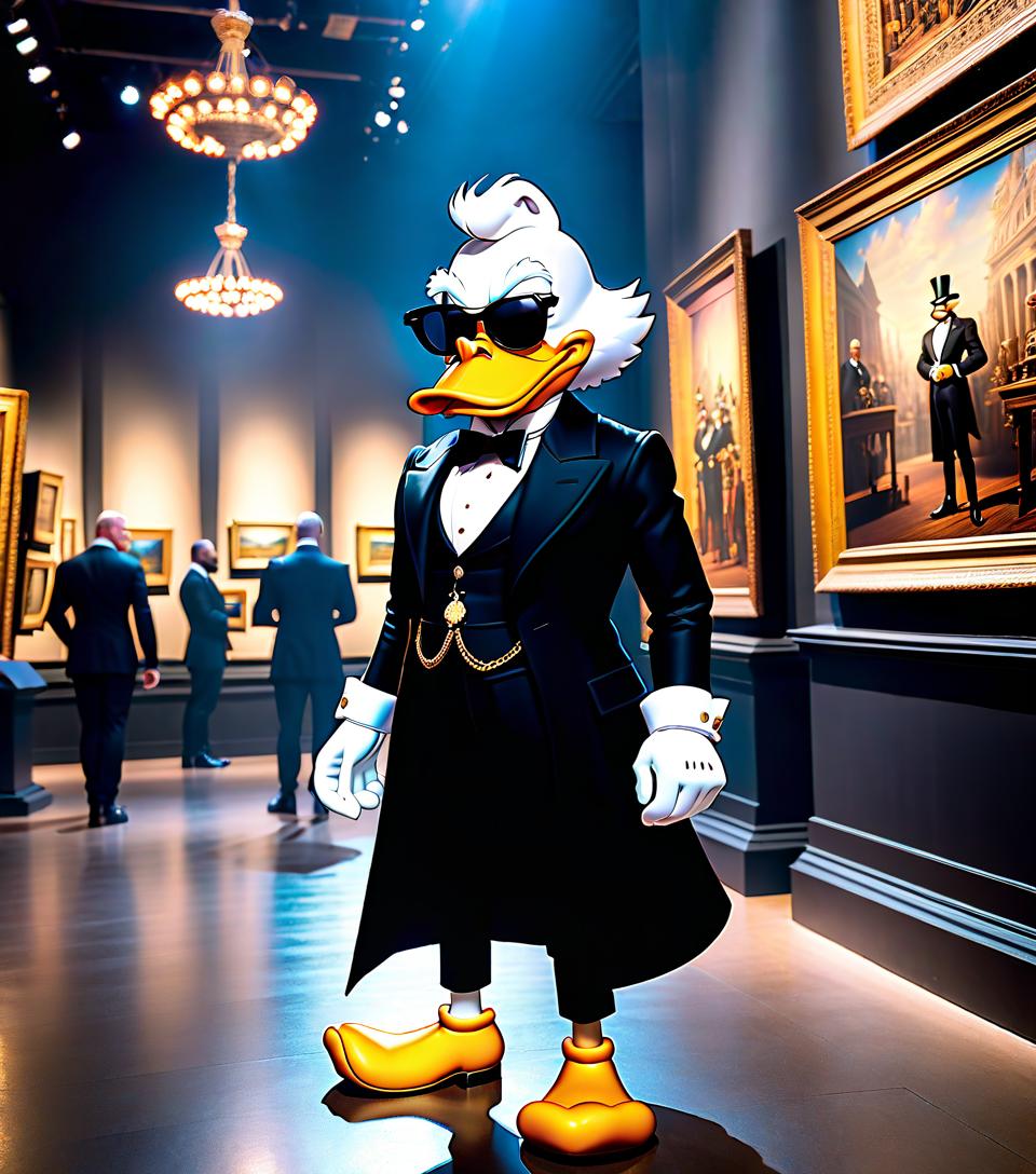  Scrooge McDuck in museum, with sunglasses. in black suit hyperrealistic, full body, detailed clothing, highly detailed, cinematic lighting, stunningly beautiful, intricate, sharp focus, f/1. 8, 85mm, (centered image composition), (professionally color graded), ((bright soft diffused light)), volumetric fog, trending on instagram, trending on tumblr, HDR 4K, 8K