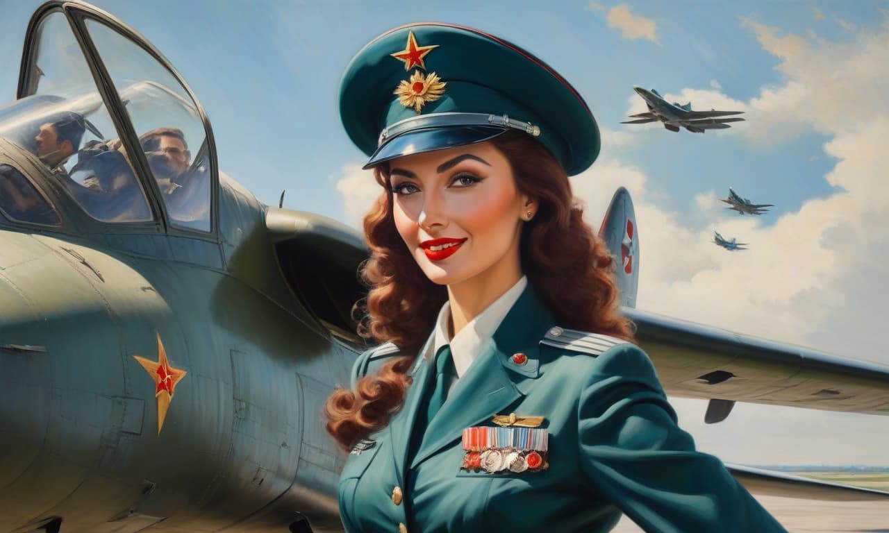  masterpiece of painting, oil painting, fine brush, A woman in an Soviet Air Force uniform is waiting for her boyfriend, she is about 20 year, elegant, smart, smiles ly, magnificent s, tall, long legged, lush dark red long curly hair, fresh and emphasizing the beauty of the defiant makeup and emerald eyes. From under the frivolously unoned uniform dark blue with silver hardware, large open neckline, with epaulettes of lieutenant, tunic, a beautiful and expensive red black satin corset with lace trim, from under the short dark blue uniform can be seen red garters and black fishnet highly visible stockings with red lace, on her feet elegant red high heeled shoes. A behind her and outside the  hyperrealistic, full body, detailed clothing, highly detailed, cinematic lighting, stunningly beautiful, intricate, sharp focus, f/1. 8, 85mm, (centered image composition), (professionally color graded), ((bright soft diffused light)), volumetric fog, trending on instagram, trending on tumblr, HDR 4K, 8K