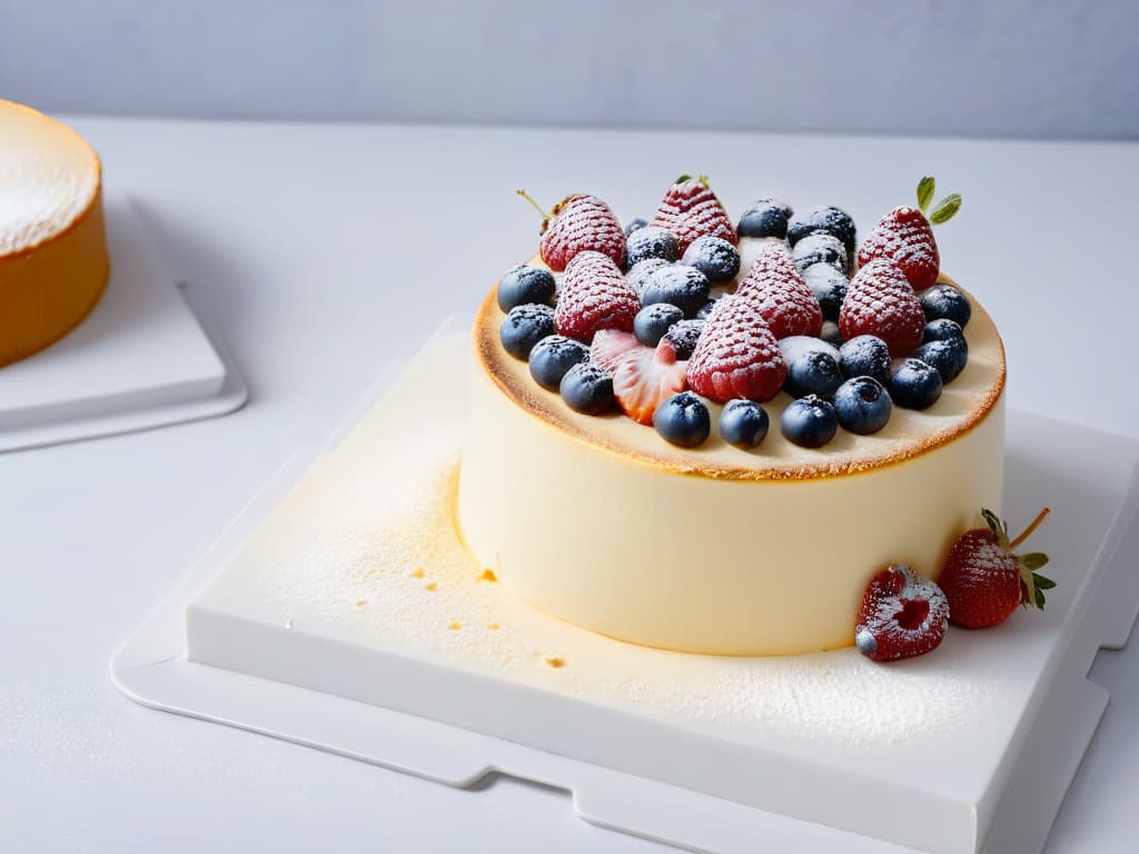  A closeup, ultradetailed image of a perfectly baked New Yorkstyle cheesecake resting on a sleek, minimalist white marble countertop. The cheesecake is flawlessly smooth and creamy, with a golden brown, slightly cracked surface. A subtle dusting of powdered sugar and a few fresh berries are meticulously arranged on top, adding a pop of vibrant color to the otherwise monochromatic scene. The lighting is soft yet highlights every exquisite detail of the dessert, emphasizing its rich texture and inviting presentation. hyperrealistic, full body, detailed clothing, highly detailed, cinematic lighting, stunningly beautiful, intricate, sharp focus, f/1. 8, 85mm, (centered image composition), (professionally color graded), ((bright soft diffused light)), volumetric fog, trending on instagram, trending on tumblr, HDR 4K, 8K