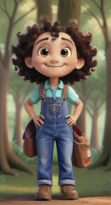  {The tree with a smiling face formed by its bark, looking down at Riley., Riley, a curious with big brown eyes and curly hair, wearing overalls and carrying a small backpack. Their friend, Skye, a bluebird with shiny feathers.