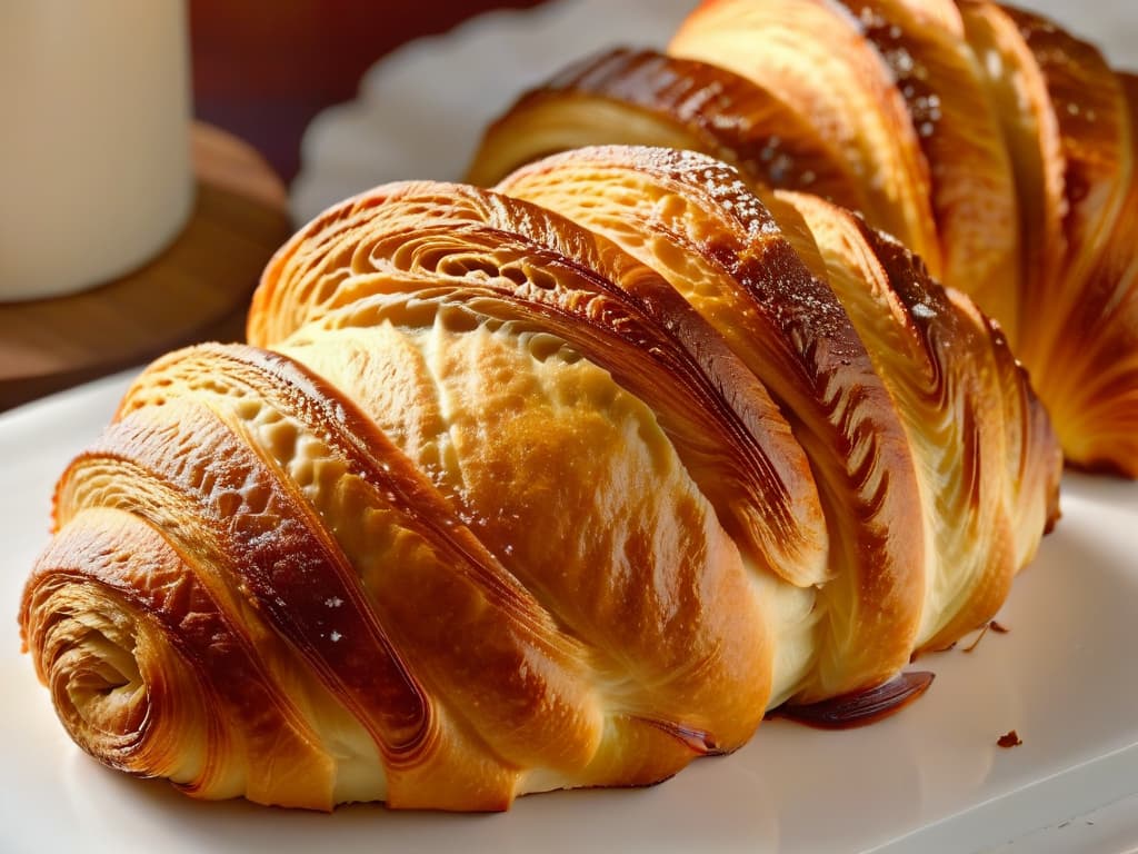  An ultradetailed closeup image of a perfectly goldenbrown croissant, fresh out of the oven, with delicate layers that glisten in the light. Each flaky fold is meticulously crafted, showcasing the expertise and precision required in the art of pastry making. The background is blurred, drawing the viewer's eye to the intricate textures and rich colors of the croissant, evoking a sense of warmth and comfort. hyperrealistic, full body, detailed clothing, highly detailed, cinematic lighting, stunningly beautiful, intricate, sharp focus, f/1. 8, 85mm, (centered image composition), (professionally color graded), ((bright soft diffused light)), volumetric fog, trending on instagram, trending on tumblr, HDR 4K, 8K