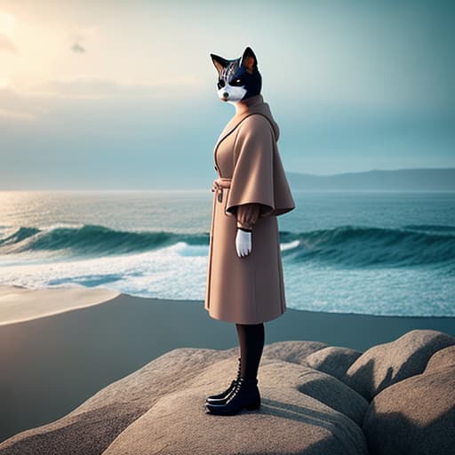  Cat at the sea hyperrealistic, full body, detailed clothing, highly detailed, cinematic lighting, stunningly beautiful, intricate, sharp focus, f/1. 8, 85mm, (centered image composition), (professionally color graded), ((bright soft diffused light)), volumetric fog, trending on instagram, trending on tumblr, HDR 4K, 8K