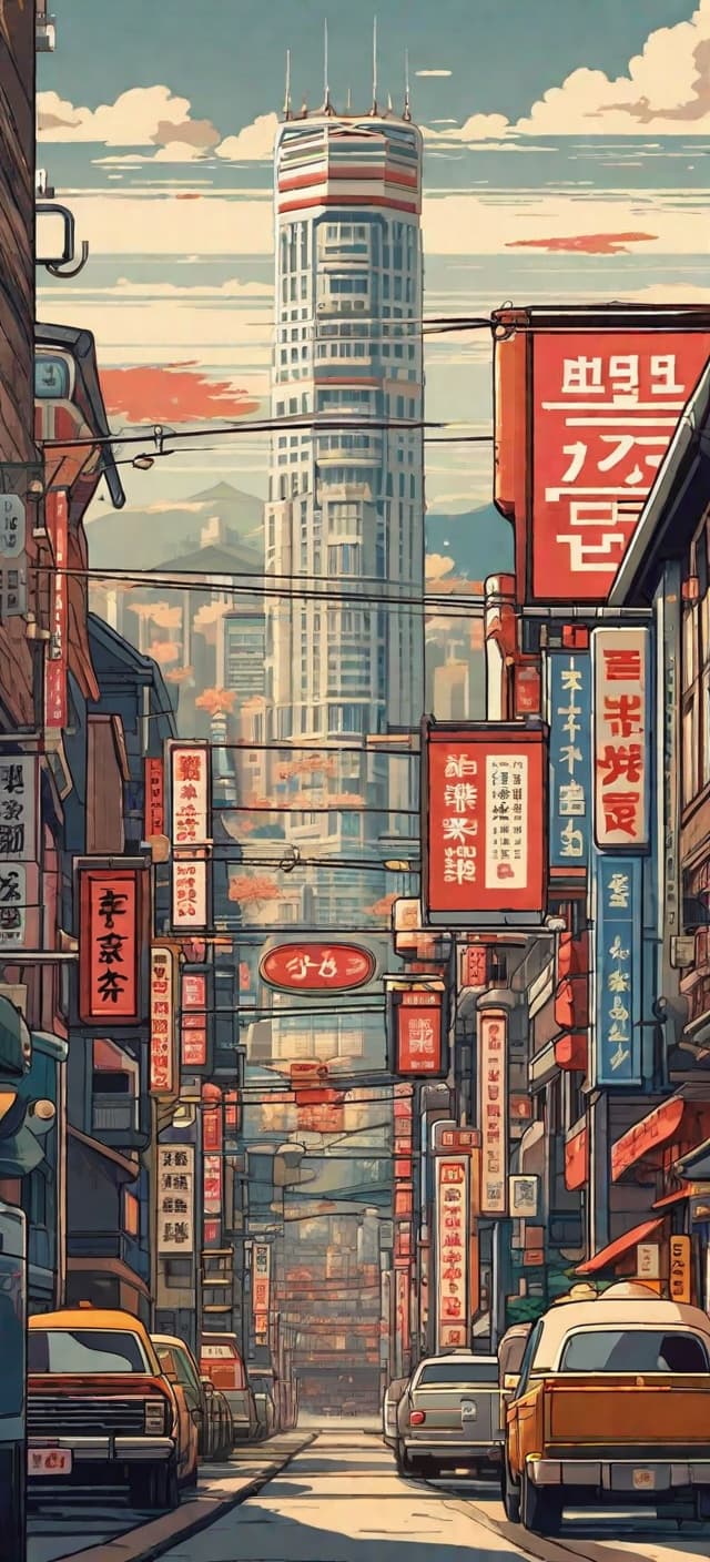  A beautiful Japan city in the style of poster art, american regionalism, heavy shading, 2d game art, flat, limited shading, detailed shading, captivating cityscapes