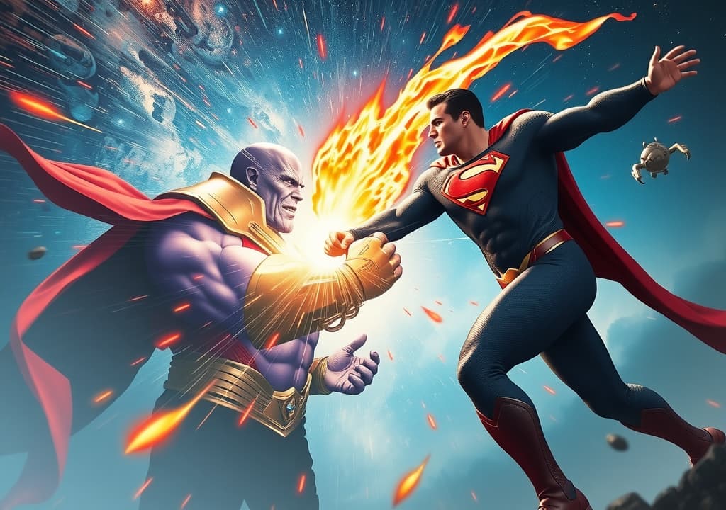  good quality, high quality, in the surreal and epic image, thanos and superman clash in a scene of cosmic grandeur. the battlefield is a swirling vortex of stars and nebulae, where the fabric of reality seems to warp around their confrontation. thanos, his formidable gauntlet shimmering with the immense power of the infinity stones, looms like a colossal titan, his purple visage a stark contrast against the cosmic backdrop. his armor glints with otherworldly light as he unleashes a torrent of energy from the gauntlet, sending ripples through the void. superman, his cape billowing like a storm in space, counters with an aura of intense heat and radiant light. his eyes burn with a fierce determination as he soars through the cosmos, striking