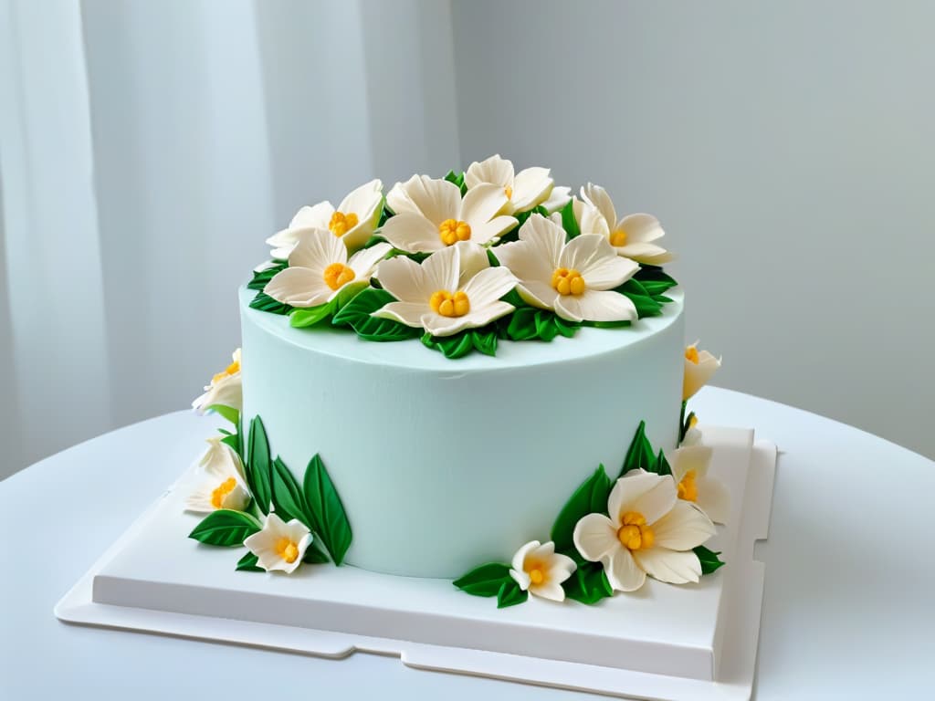  An ultradetailed image of a pristine, white cake decorated with delicate, handcrafted sugar flowers in pastel shades, meticulously placed on a sleek, modern cake stand. Each petal and leaf is exquisitely detailed, showcasing the artistry and precision that goes into creating glutenfree masterpieces for celiacfriendly pastry events in 2023. hyperrealistic, full body, detailed clothing, highly detailed, cinematic lighting, stunningly beautiful, intricate, sharp focus, f/1. 8, 85mm, (centered image composition), (professionally color graded), ((bright soft diffused light)), volumetric fog, trending on instagram, trending on tumblr, HDR 4K, 8K