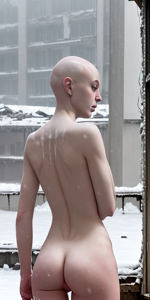  bald-girl, naked, with her back, she’s cold, it’s snowing, winter, in an abandoned building