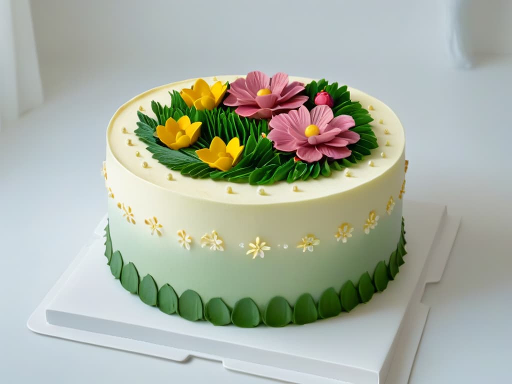  An intricately designed, minimalist cake showcasing a seamless fusion of traditional and modern elements. The cake is elegantly decorated with a harmonious blend of classic floral patterns and contemporary geometric shapes, all in a monochromatic color scheme that exudes sophistication. The smooth surface of the cake reflects a soft, ambient light, highlighting every detail of its exquisite craftsmanship. hyperrealistic, full body, detailed clothing, highly detailed, cinematic lighting, stunningly beautiful, intricate, sharp focus, f/1. 8, 85mm, (centered image composition), (professionally color graded), ((bright soft diffused light)), volumetric fog, trending on instagram, trending on tumblr, HDR 4K, 8K