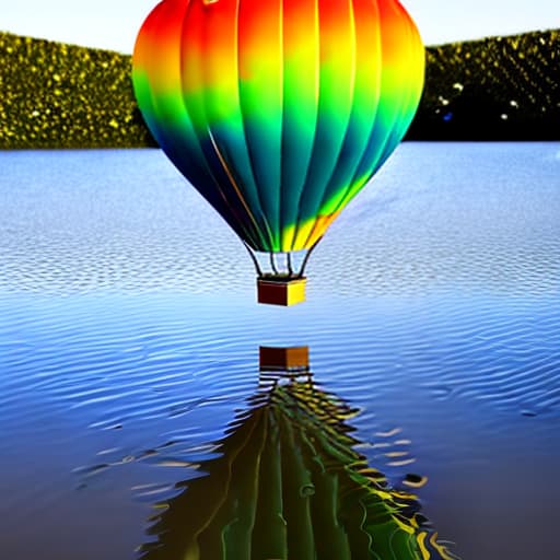 lnkdn photography A 3D render of a rainbow colored hot air balloon flying above a reflective lake