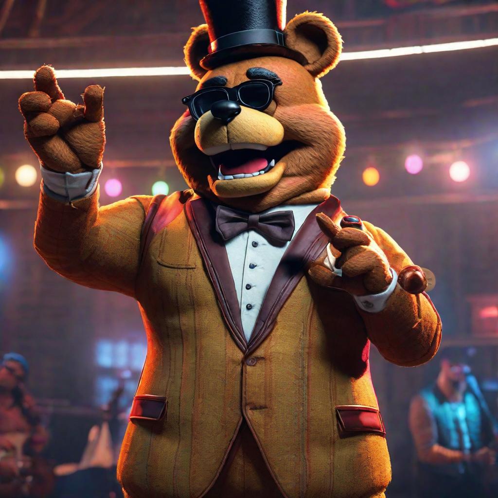  Freddy fazbear cantando cumbia con lentes hyperrealistic, full body, detailed clothing, highly detailed, cinematic lighting, stunningly beautiful, intricate, sharp focus, f/1. 8, 85mm, (centered image composition), (professionally color graded), ((bright soft diffused light)), volumetric fog, trending on instagram, trending on tumblr, HDR 4K, 8K