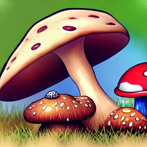  A frog with a mushroom on his head is under a mushroom.