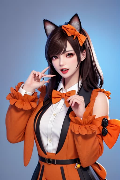  masterpiece, best quality, 1, solo, animal ears, bow, teeth, jacket, tail, open mouth, brown hair, orange background, bowtie, orange nails, simple background, cat ears, orange eyes, blue bow, animal ear fluff, cat tail, looking at viewer, upper body, shirt, uniform, hood, striped bow, striped, white shirt, black jacket, blue bowtie, fingernails, long sleeves, cat , bangs, fangs, collared shirt, striped bowtie, short hair, tongue, hoodie, sharp teeth, facial mark, claw pose hyperrealistic, full body, detailed clothing, highly detailed, cinematic lighting, stunningly beautiful, intricate, sharp focus, f/1. 8, 85mm, (centered image composition), (professionally color graded), ((bright soft diffused light)), volumetric fog, trending on instagram, trending on tumblr, HDR 4K, 8K