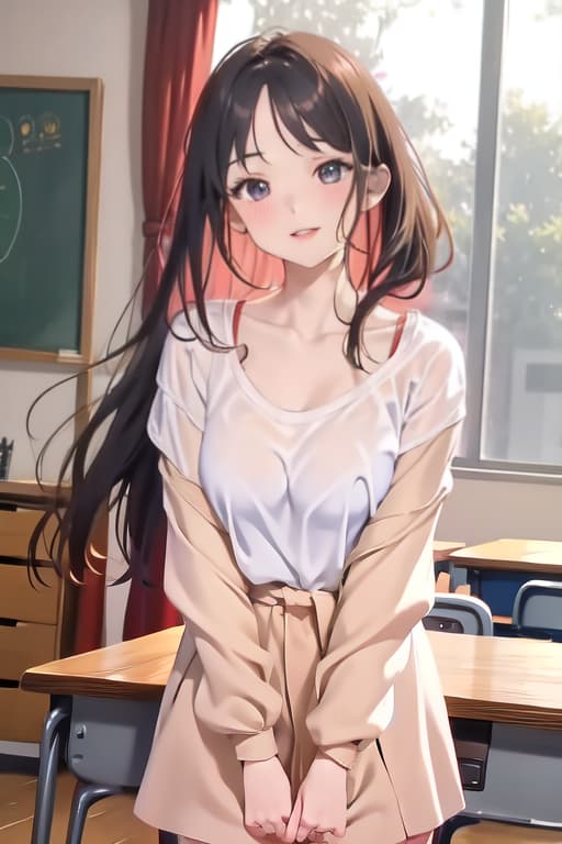  Masterpiece,1girl, parted lips, blush, makeup, light smile, uniform, classroom, light rays, glow,, collarbone, narrow waist, (masterpiece), wallpaper, sheer shirt, uncensored and hips, full body