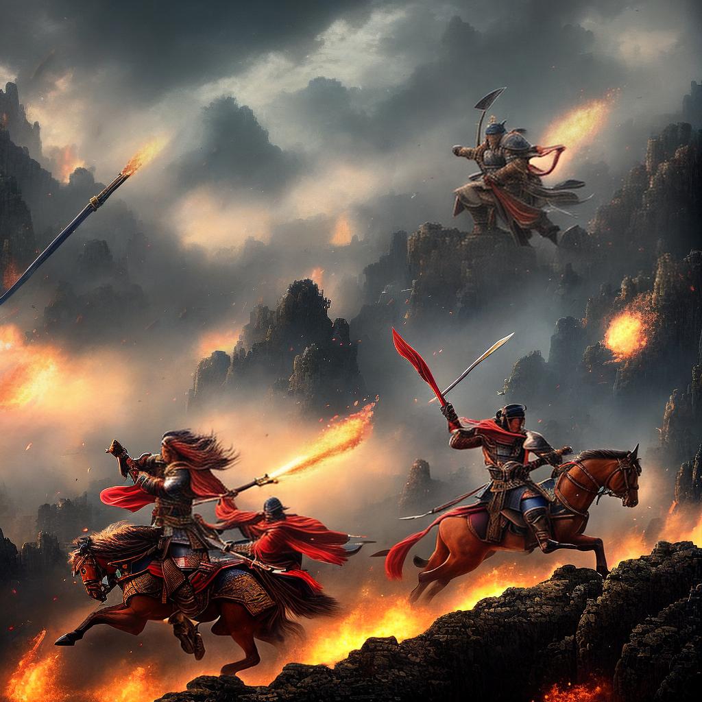  An ultra-detailed depiction of Liu Yu, the brave leader of less than a hundred warriors, charging into battle during the Eastern Jin Dynasty in 399. Inspired by the artistic style of Yokoyama Mitsuteru, this masterpiece captures the essence of the historical moment. The scene is set in a dramatic atmosphere with dark storm clouds looming overhead, lightning striking in the distance, and fiery arrows flying through the air. hyperrealistic, full body, detailed clothing, highly detailed, cinematic lighting, stunningly beautiful, intricate, sharp focus, f/1. 8, 85mm, (centered image composition), (professionally color graded), ((bright soft diffused light)), volumetric fog, trending on instagram, trending on tumblr, HDR 4K, 8K