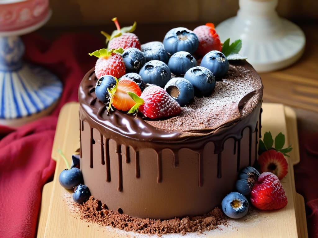  A photorealistic image of a beautifully decorated vegan chocolate cake topped with fresh berries and edible flowers, set on a rustic wooden table with scattered cocoa powder and baking utensils around it. The cake is moist and rich, with layers of decadent chocolate ganache oozing out, showcasing a perfect balance of artistry and indulgence in vegan baking. hyperrealistic, full body, detailed clothing, highly detailed, cinematic lighting, stunningly beautiful, intricate, sharp focus, f/1. 8, 85mm, (centered image composition), (professionally color graded), ((bright soft diffused light)), volumetric fog, trending on instagram, trending on tumblr, HDR 4K, 8K