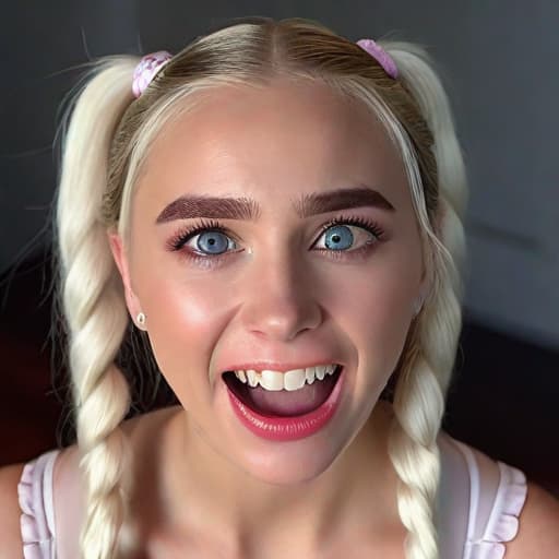  Beautiful young white age , Looking up at viewer, photorealistic , tongue out, , eye contact, kneeling, viewer grabbing s head and pulling her pigtails, smiling showing metal ces on her white perfect teeth, attractive and face, youthful looking face, cute pigtails, pulling her hair, pitch face, tears in eyes, looking up at viewer through shimmering tears in her big alluring eyes, emotions, eyebrows raised in concern and to viewer, pet friend, oient, punishment, slave, mouth, saliva strands between lips and attaching to viewers mar s open mouth, impending oral , going towards s mouth, nervous, panting, scared face, hyperrealistic, full body, detailed clothing, highly detailed, cinematic lighting, stunningly beautiful, intricate, sharp focus, f/1. 8, 85mm, (centered image composition), (professionally color graded), ((bright soft diffused light)), volumetric fog, trending on instagram, trending on tumblr, HDR 4K, 8K