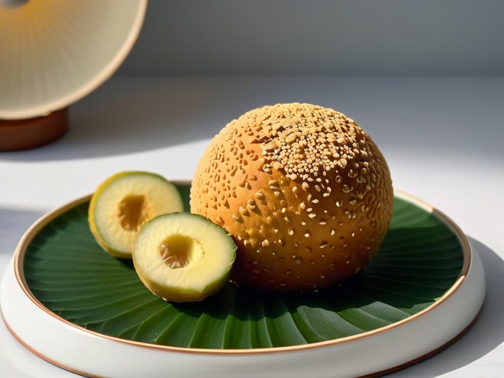  An ultradetailed closeup image of a perfectly round, golden sesame ball coated in crunchy sesame seeds, resting on a delicate, intricately designed porcelain plate. The sesame ball glistens under a soft, natural light, showcasing its crispy exterior texture and revealing a tantalizing glimpse of the sweet, chewy interior. The plate's elegant patterns hint at traditional Asian aesthetics, adding a touch of sophistication to the overall composition. hyperrealistic, full body, detailed clothing, highly detailed, cinematic lighting, stunningly beautiful, intricate, sharp focus, f/1. 8, 85mm, (centered image composition), (professionally color graded), ((bright soft diffused light)), volumetric fog, trending on instagram, trending on tumblr, HDR 4K, 8K