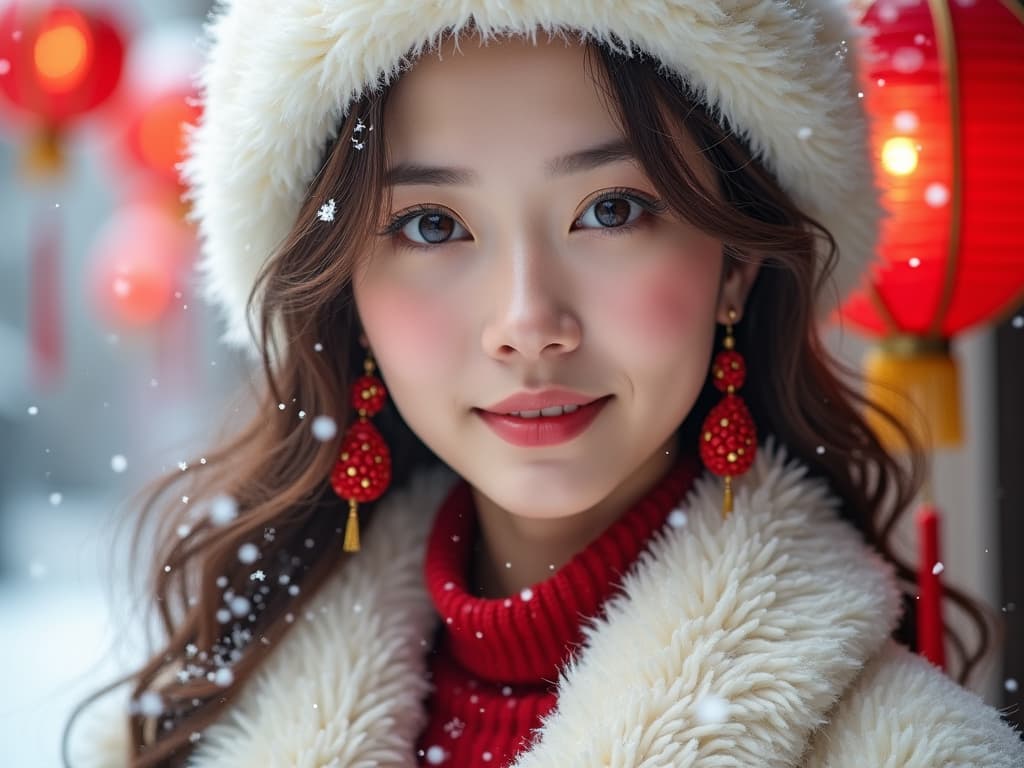  high definition, realistic portrait of a young woman with a soft and inviting expression. her eyes are large and full of light, highlighted with subtle makeup. her cheeks have a natural rosy flush, complementing her gentle smile. her hair, a cascade of wavy locks, is partially covered by a fluffy white hat, indicative of a chilly winter day. she wears elegant, traditional red earrings with intricate floral designs that dangle gracefully. the woman is dressed in a cozy, white winter garment that suggests warmth and comfort, with a hint of a red outfit underneath. snowflakes gently fall around her, adding to the serene winter atmosphere. red lanterns hang in the background, glowing softly amidst the snow, enhancing the festive mood. the overa hyperrealistic, full body, detailed clothing, highly detailed, cinematic lighting, stunningly beautiful, intricate, sharp focus, f/1. 8, 85mm, (centered image composition), (professionally color graded), ((bright soft diffused light)), volumetric fog, trending on instagram, trending on tumblr, HDR 4K, 8K