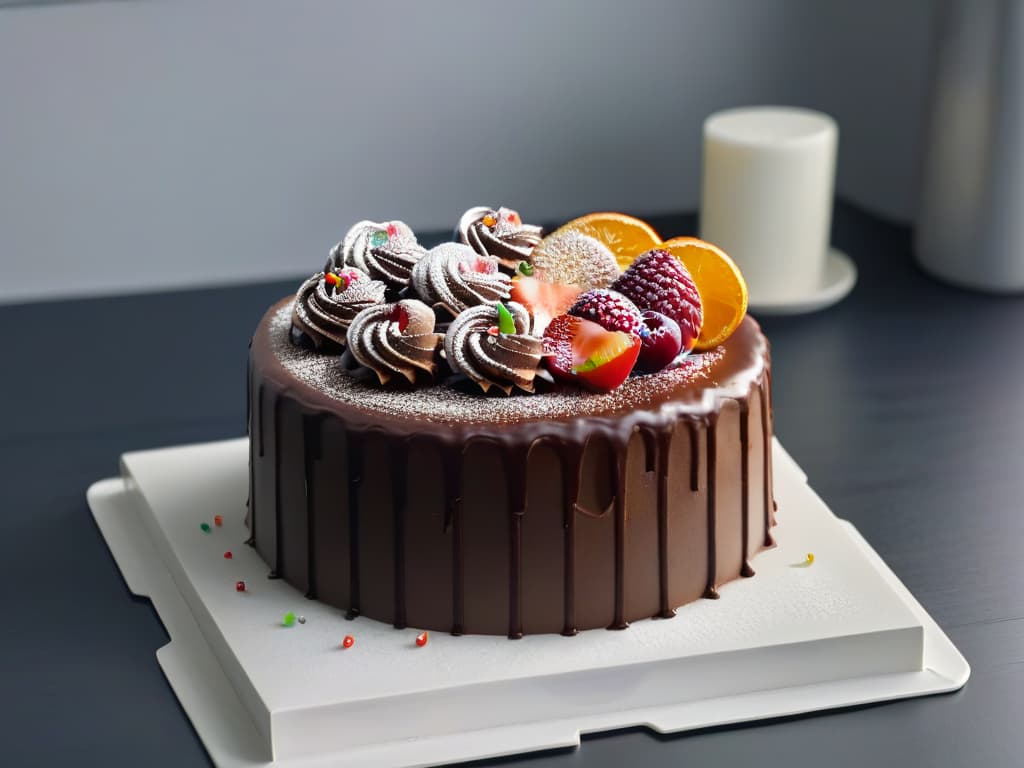  An ultradetailed, minimalistic image of a whimsical chocolate cake decorated with colorful sprinkles and topped with a light dusting of powdered sugar, set on a sleek, modern white cake stand against a soft, blurred background of a sunlit kitchen. hyperrealistic, full body, detailed clothing, highly detailed, cinematic lighting, stunningly beautiful, intricate, sharp focus, f/1. 8, 85mm, (centered image composition), (professionally color graded), ((bright soft diffused light)), volumetric fog, trending on instagram, trending on tumblr, HDR 4K, 8K