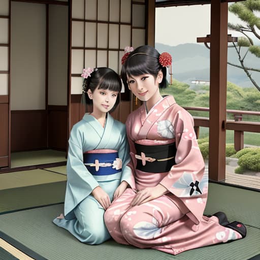  2 girls, mother and daughter, kimono, pinwheel, retro Japanese house, EDO