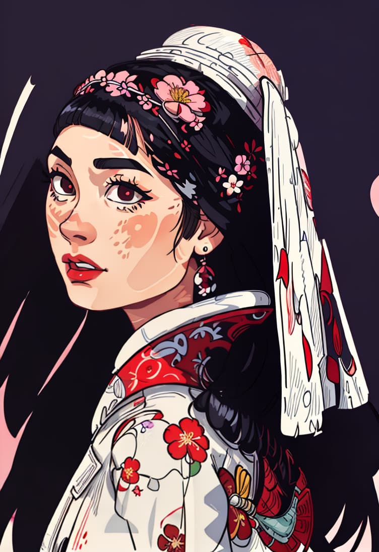  flat vector art,vector illustration, high quality,beautiful face by j Scott Campbell,woman,samurai,flowers in hair,kimono,normal breasts,(white face),red eyes,black hair,perfect lips,dynamic pose,masterpiece,cowboy shot,highly detailed,highres,by Joe Madureira,artistic background,cherry blossoms,painting japanese mountain,by greg rutkowski,<lora:GoodHands beta2:0.8>, 
