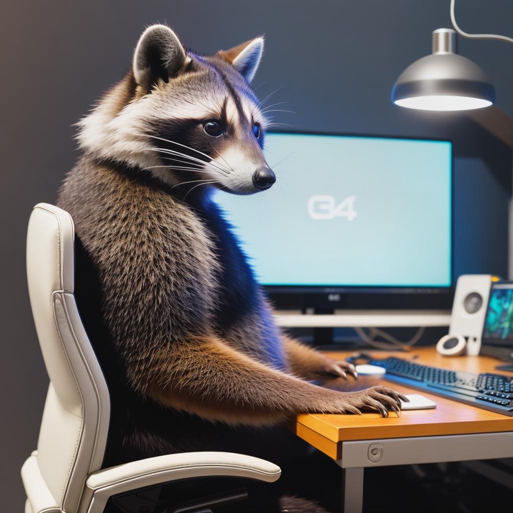  raccoon sitting in gaming chair front a computer on desktop, ((semi anthropomorphic)),(full body), tail, belly, sitting, fat, (chubby), (((white background))), solo, desktop, gaming chair, side view,  [[[clothes]]] hyperrealistic, full body, detailed clothing, highly detailed, cinematic lighting, stunningly beautiful, intricate, sharp focus, f/1. 8, 85mm, (centered image composition), (professionally color graded), ((bright soft diffused light)), volumetric fog, trending on instagram, trending on tumblr, HDR 4K, 8K