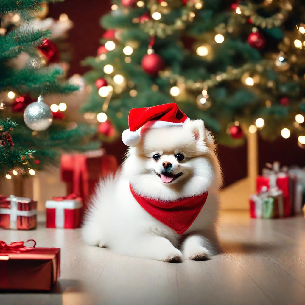  a white pomeranian under the christmas tree in a santa hat and wrapped in garlands, cute, hyper detail, full HD hyperrealistic, full body, detailed clothing, highly detailed, cinematic lighting, stunningly beautiful, intricate, sharp focus, f/1. 8, 85mm, (centered image composition), (professionally color graded), ((bright soft diffused light)), volumetric fog, trending on instagram, trending on tumblr, HDR 4K, 8K