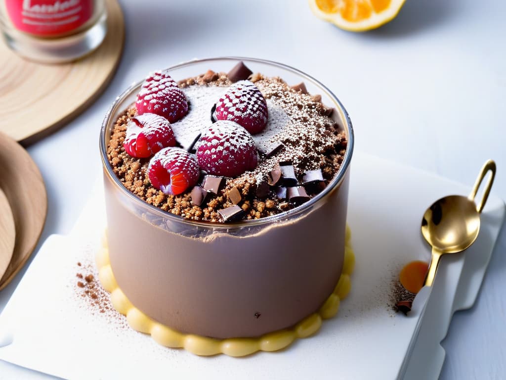  A closeup, ultradetailed image of a decadent chocolate quinoa pudding elegantly presented in a transparent glass dessert cup, showcasing layers of rich chocolate mousse and fluffy quinoa grains topped with a sprinkle of cocoa powder and fresh raspberries. The glossy texture of the dessert reflects soft ambient lighting, highlighting the intricate details of each component, inviting the viewer to indulge in the harmonious blend of flavors and textures. hyperrealistic, full body, detailed clothing, highly detailed, cinematic lighting, stunningly beautiful, intricate, sharp focus, f/1. 8, 85mm, (centered image composition), (professionally color graded), ((bright soft diffused light)), volumetric fog, trending on instagram, trending on tumblr, HDR 4K, 8K