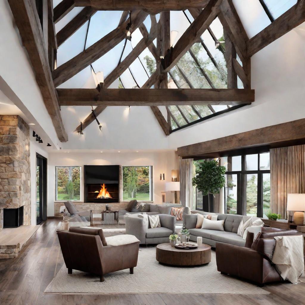   Design a cozy den with exposed wooden beams, a stone fireplace, and leather armchairs for a refined yet rustic feel. 8k, cinematic lighting, HDR