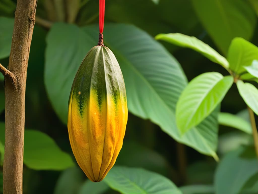  A highresolution, ultradetailed image of a single ripe cacao pod hanging from a tree branch, showcasing its vibrant colors and textured surface in exquisite detail. The pod is set against a softfocus background of lush cacao trees and dappled sunlight, emphasizing the natural beauty and authenticity of cacao varieties. hyperrealistic, full body, detailed clothing, highly detailed, cinematic lighting, stunningly beautiful, intricate, sharp focus, f/1. 8, 85mm, (centered image composition), (professionally color graded), ((bright soft diffused light)), volumetric fog, trending on instagram, trending on tumblr, HDR 4K, 8K