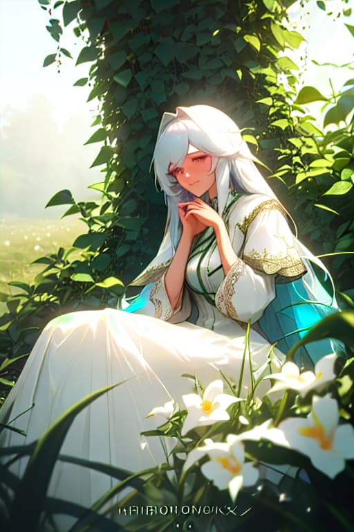  (masterpiece, best quality),1girl with long white hair sitting in a field of green plants and flowers, her hand under her chin, warm lighting, white dress, blurry foreground hyperrealistic, full body, detailed clothing, highly detailed, cinematic lighting, stunningly beautiful, intricate, sharp focus, f/1. 8, 85mm, (centered image composition), (professionally color graded), ((bright soft diffused light)), volumetric fog, trending on instagram, trending on tumblr, HDR 4K, 8K