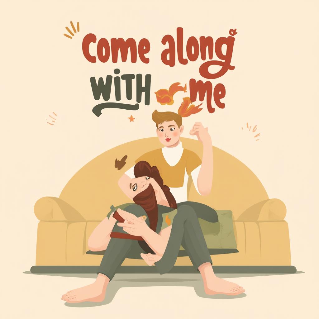  create an image of seated pose, slightly off center, with a focus on facial expression, flat vector design, write come along with me and float text.