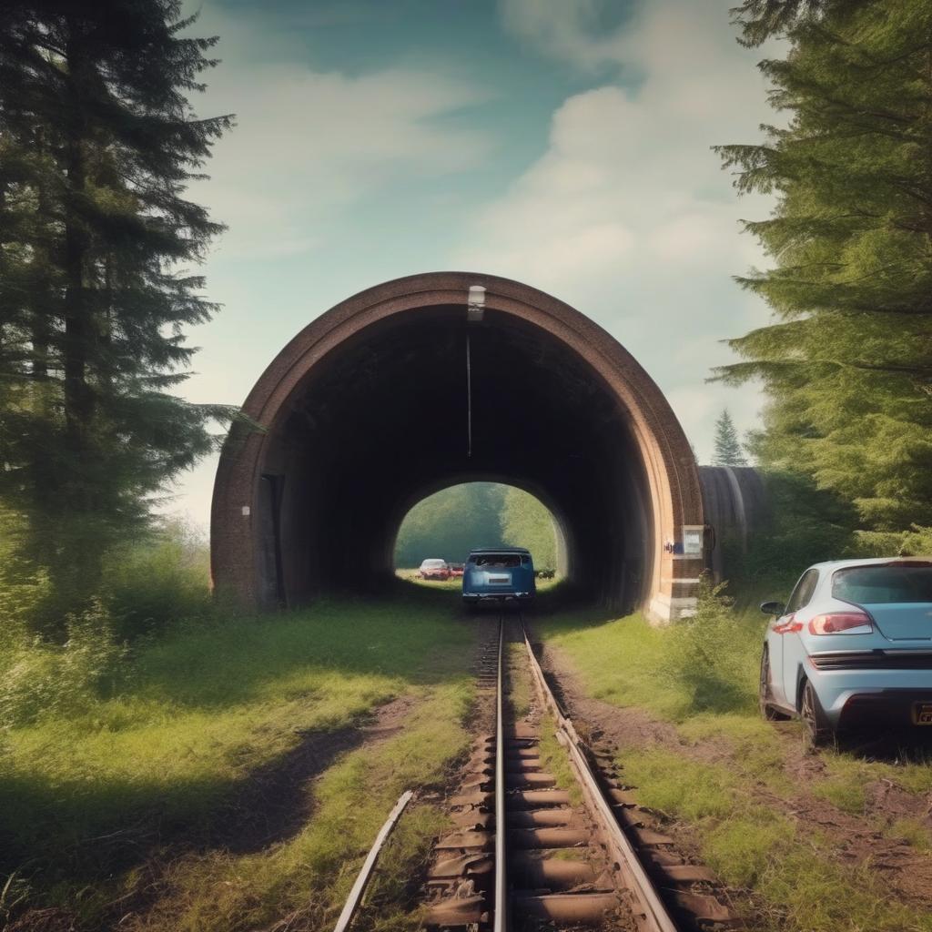  entrance to a tunnel with cars and trains in the middle of a field in the forest