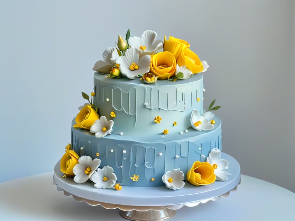  A photorealistic image of an intricately decorated multitiered cake, featuring delicate sugar flowers, ornate frosting designs, and shimmering edible gold accents. The cake is displayed on a vintage silver cake stand, set against a background of soft, diffused light to enhance the intricate details of the confection. hyperrealistic, full body, detailed clothing, highly detailed, cinematic lighting, stunningly beautiful, intricate, sharp focus, f/1. 8, 85mm, (centered image composition), (professionally color graded), ((bright soft diffused light)), volumetric fog, trending on instagram, trending on tumblr, HDR 4K, 8K