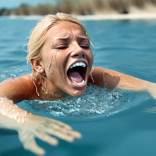  tanned blonde woman's face is above water she drowns she's screaming and panic