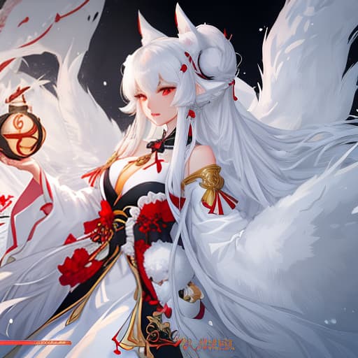  A kitsune girl with very long, curly, and snow white hair and red eyes, fluffy ears., character sheet, concept design, contrast, style by kim jung gi, zabrocki, karlkka, jayison devadas, trending on artstation, 8k, ultra wide angle, pincushion lens effect hyperrealistic, full body, detailed clothing, highly detailed, cinematic lighting, stunningly beautiful, intricate, sharp focus, f/1. 8, 85mm, (centered image composition), (professionally color graded), ((bright soft diffused light)), volumetric fog, trending on instagram, trending on tumblr, HDR 4K, 8K