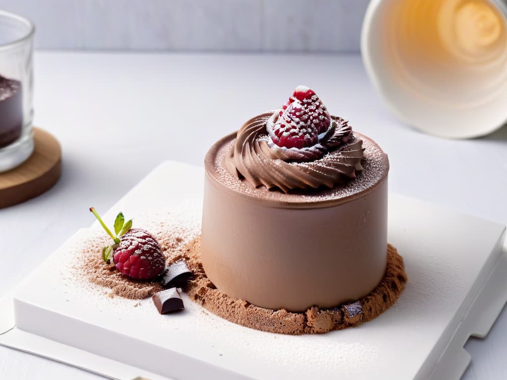  A closeup, photorealistic image of a perfectly whipped chocolate mousse in a sleek glass dessert cup, garnished with a delicate dusting of cocoa powder and a single fresh raspberry on top. The smooth texture of the mousse reflects the surrounding light, highlighting its creamy richness. The background is softly blurred to emphasize the dessert, with subtle hints of a modern kitchen setting visible to add context to the scene. hyperrealistic, full body, detailed clothing, highly detailed, cinematic lighting, stunningly beautiful, intricate, sharp focus, f/1. 8, 85mm, (centered image composition), (professionally color graded), ((bright soft diffused light)), volumetric fog, trending on instagram, trending on tumblr, HDR 4K, 8K