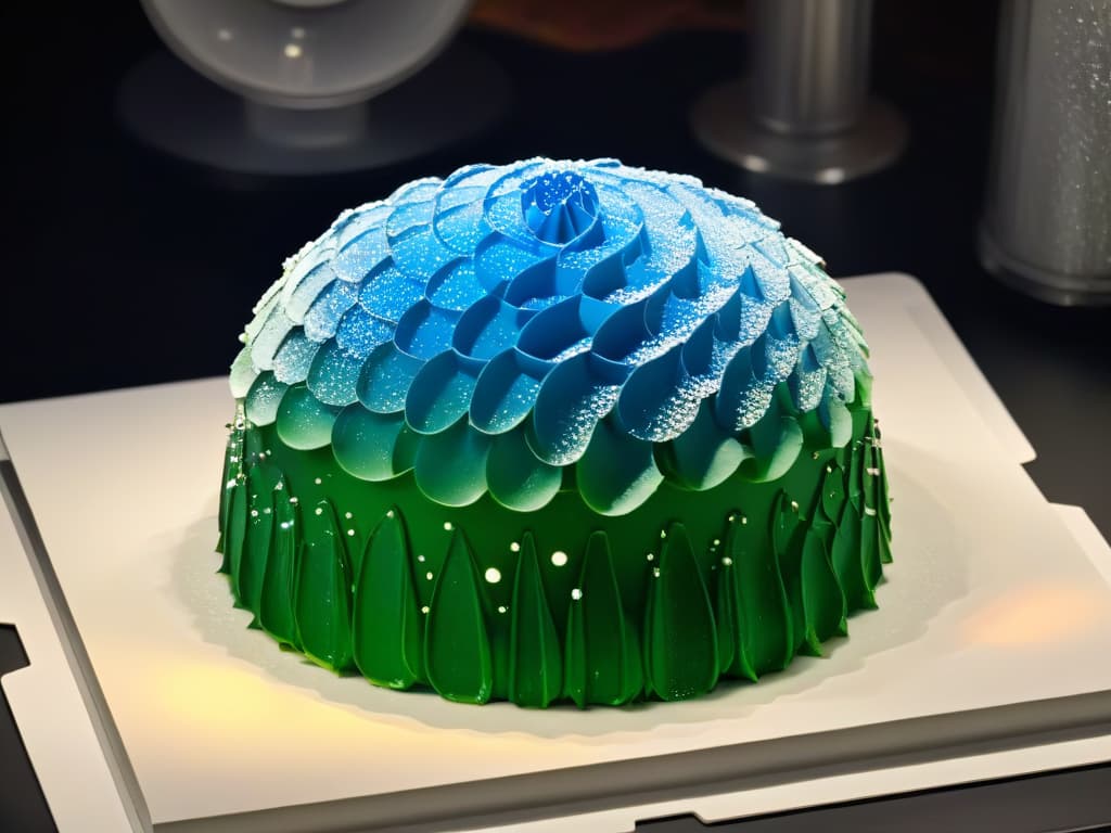  A closeup, ultradetailed image of a delicate, intricate sugar sculpture showcasing molecular gastronomy techniques. The sculpture is shaped like a futuristic, abstract dessert with geometric patterns and shimmering textures, capturing the essence of innovative molecular pastry artistry. hyperrealistic, full body, detailed clothing, highly detailed, cinematic lighting, stunningly beautiful, intricate, sharp focus, f/1. 8, 85mm, (centered image composition), (professionally color graded), ((bright soft diffused light)), volumetric fog, trending on instagram, trending on tumblr, HDR 4K, 8K