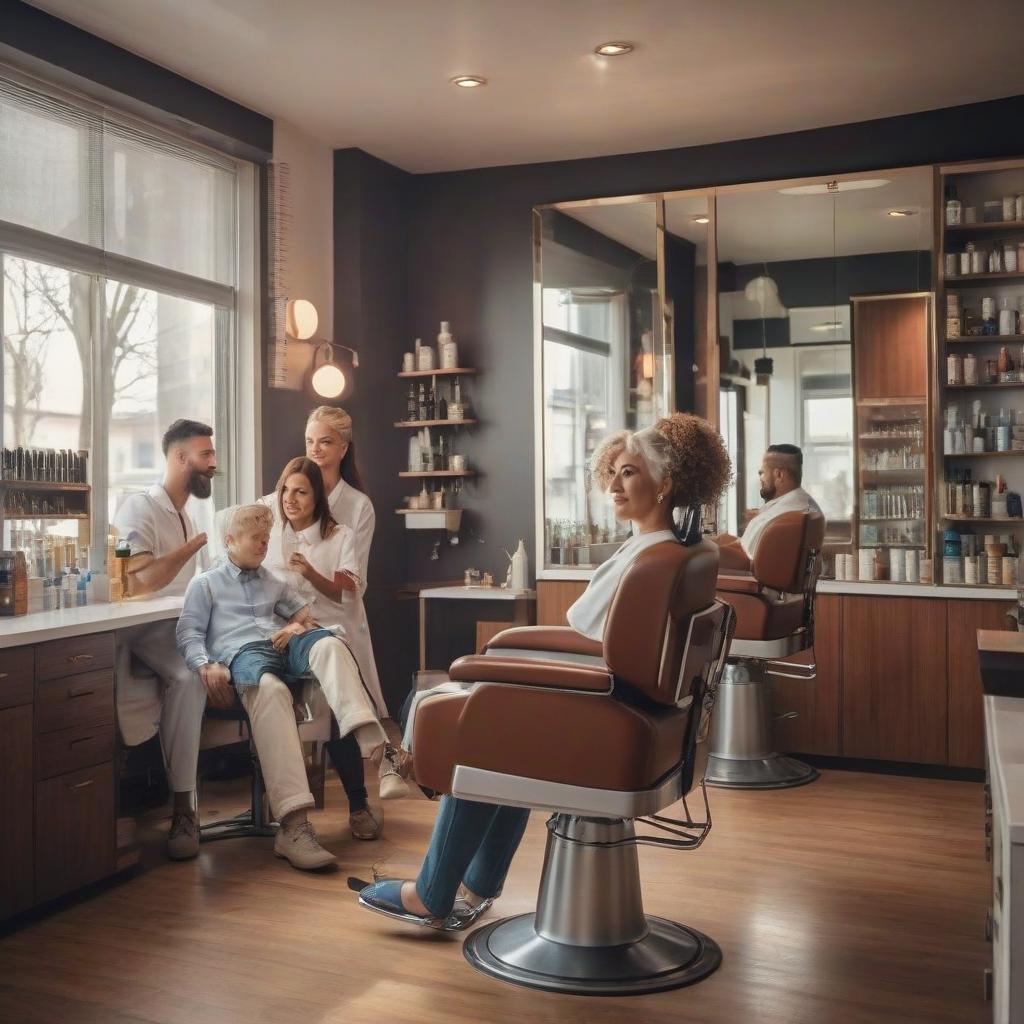  cinematic photo A happy family in a hairdresser’s. Please note that machine translations are often imperfect and may contain errors. Never trust a translation provided by a machine without careful review. Always confirm the accuracy with a human translator or subject matter expert when possible. . 35mm photograph, film, bokeh, professional, 4k, highly detailed hyperrealistic, full body, detailed clothing, highly detailed, cinematic lighting, stunningly beautiful, intricate, sharp focus, f/1. 8, 85mm, (centered image composition), (professionally color graded), ((bright soft diffused light)), volumetric fog, trending on instagram, trending on tumblr, HDR 4K, 8K