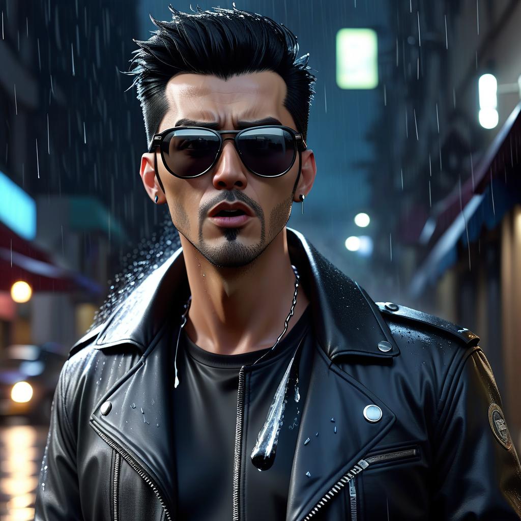  4 k Full HD, Anime, a guy in a black leather jacket, black hair, black glasses, cigarette in his mouth, it's raining on the street, on his shirt it says "ColdCoolMan", behind the darkness (night). hyperrealistic, full body, detailed clothing, highly detailed, cinematic lighting, stunningly beautiful, intricate, sharp focus, f/1. 8, 85mm, (centered image composition), (professionally color graded), ((bright soft diffused light)), volumetric fog, trending on instagram, trending on tumblr, HDR 4K, 8K