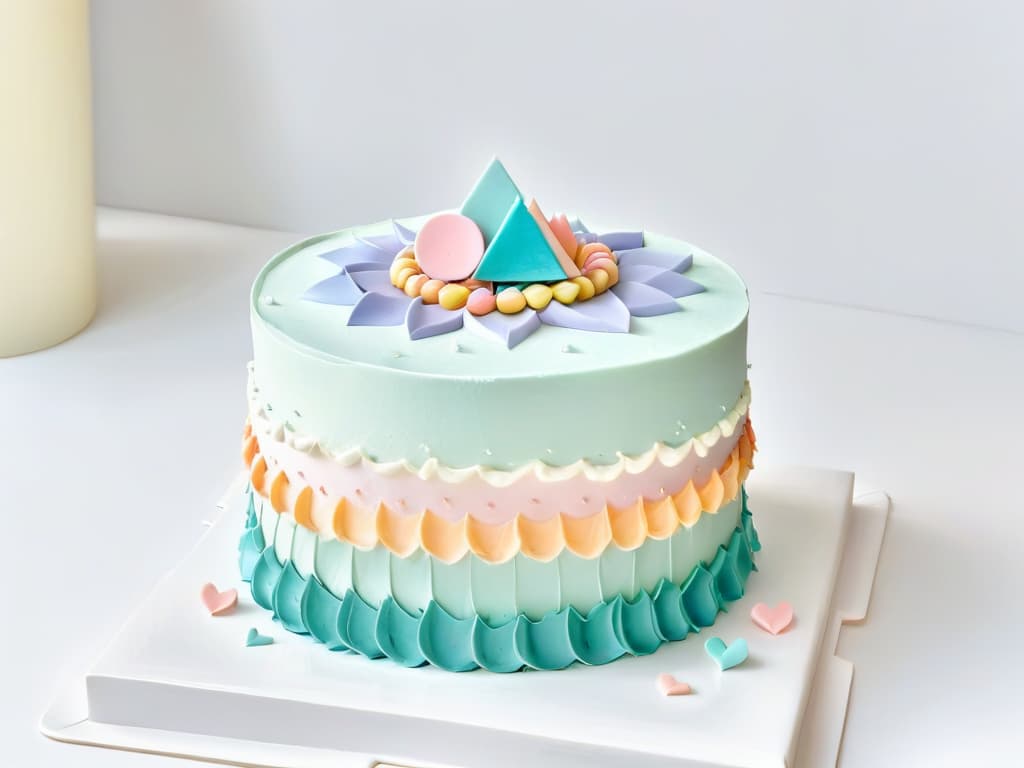  A closeup, ultradetailed image of a beautifully intricate cake decorated with geometric fondant shapes in soft pastel colors, set against a clean, white background. The precision of the fondant work is mesmerizing, showcasing the seamless integration of graphic design principles into the art of pastrymaking. hyperrealistic, full body, detailed clothing, highly detailed, cinematic lighting, stunningly beautiful, intricate, sharp focus, f/1. 8, 85mm, (centered image composition), (professionally color graded), ((bright soft diffused light)), volumetric fog, trending on instagram, trending on tumblr, HDR 4K, 8K